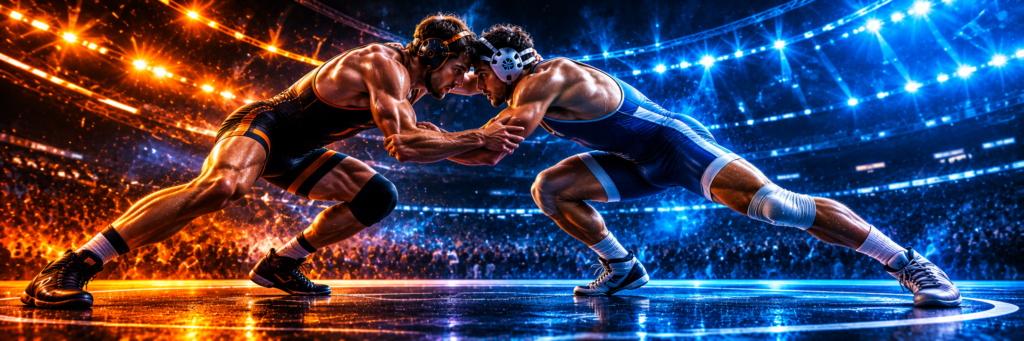 Futuristic wrestling athlete sports banner for Blahface Wrestling